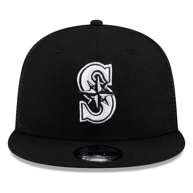 Seattle Mariners Black White "S" Compass Logo Trucker Mesh New Era 9FIFTY Snapback Hat