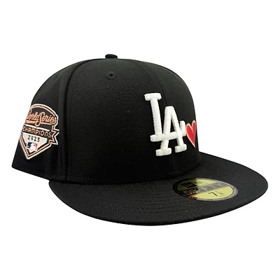 Los Angeles Dodgers Black White LA with Red Heart 2025 World Series Champions Patch Red UV New Era 59FIFTY Fitted Hat