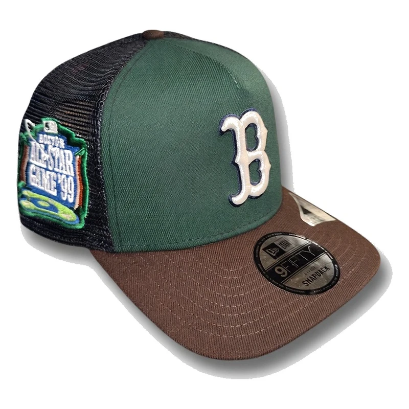 Boston Red Sox Dark Green and Burnt Wood 1999 ASG Patch New Era 9FIFTY A-Frame Trucker Snapback Hat
