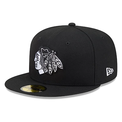 Chicago Blackhawks Black White Outline Basic New Era 59FIFTY Fitted Hat