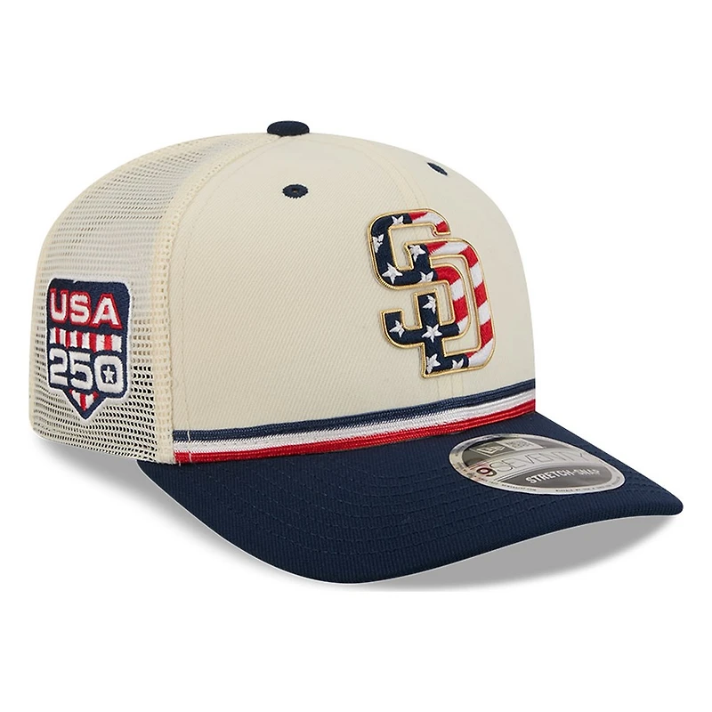 San Diego Padres 2026 Fourth of July USA 250 Patch New Era 9SEVENTY Trucker Adjustable Snapback Hat