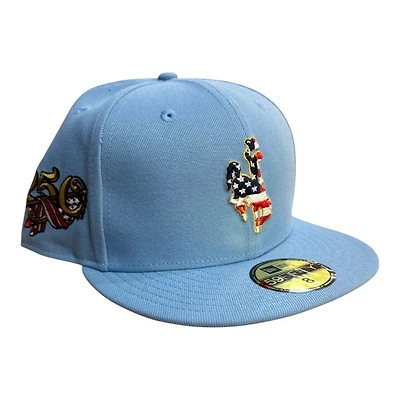 Wyoming Cowboys Blue USA 250th Anniversary Patch Gray UV New Era 59FIFTY Fitted Hat