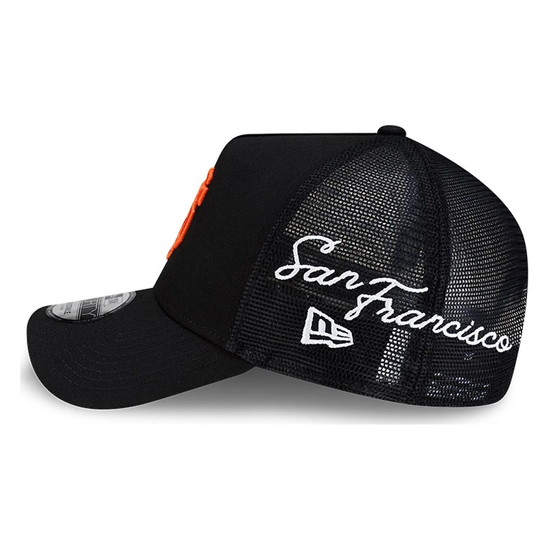 San Francisco Giants Black and Orange Trucker City Script New Era 9FORTY A-Frame Snapback Hat