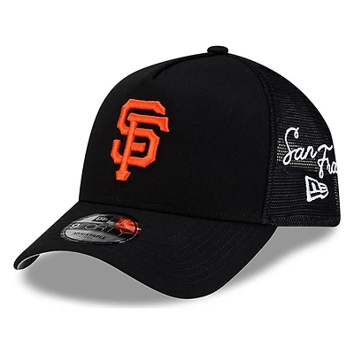 San Francisco Giants Black and Orange Trucker City Script New Era 9FORTY A-Frame Snapback Hat