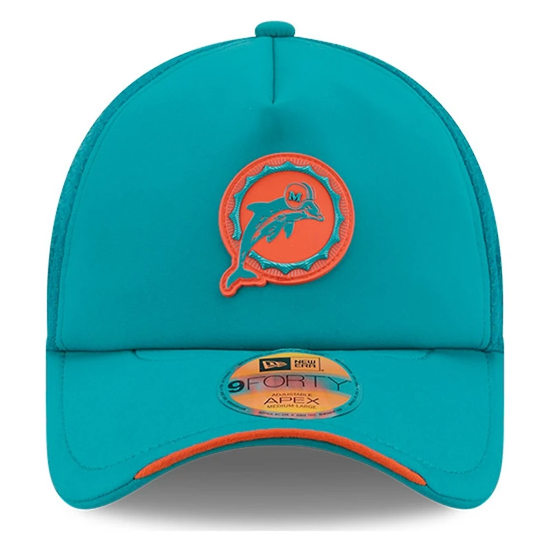 Miami Dolphins Teal Historic Throwback 2026 NFL Sideline New Era 9FORTY Apex Adjustable Trucker Hat