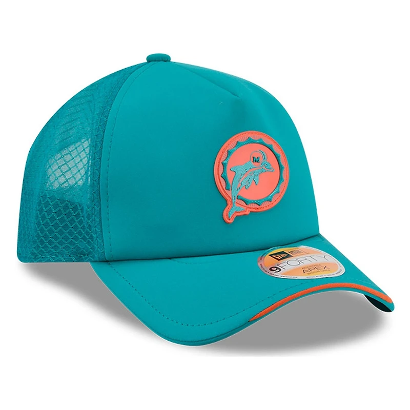Miami Dolphins Teal Historic Throwback 2026 NFL Sideline New Era 9FORTY Apex Adjustable Trucker Hat