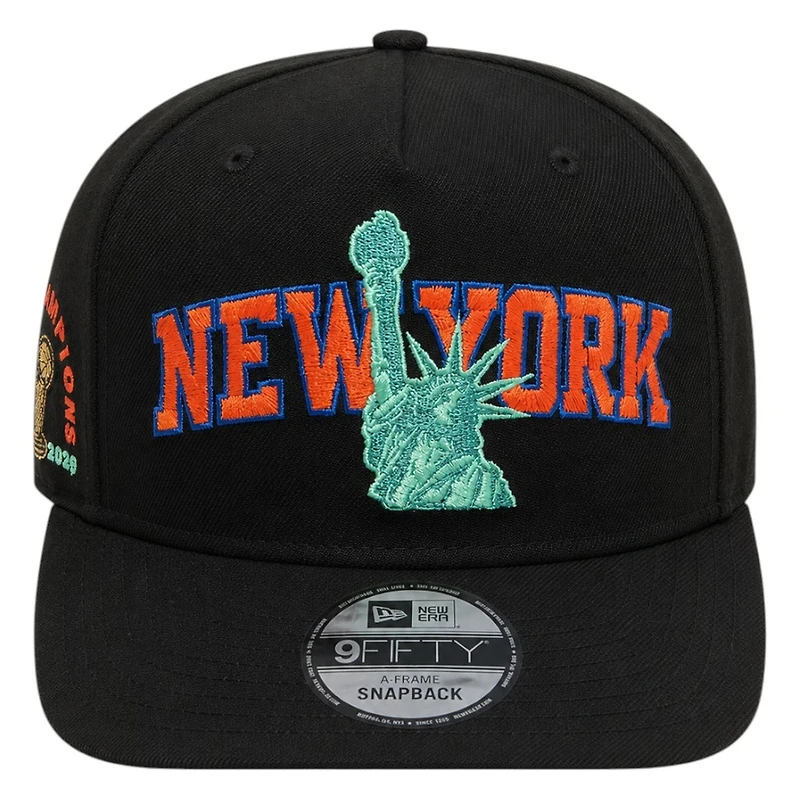 New York Knicks Black Wordmark Logo with Statue of Liberty Champs Patch New Era 9FIFTY A-Frame Snapback Hat