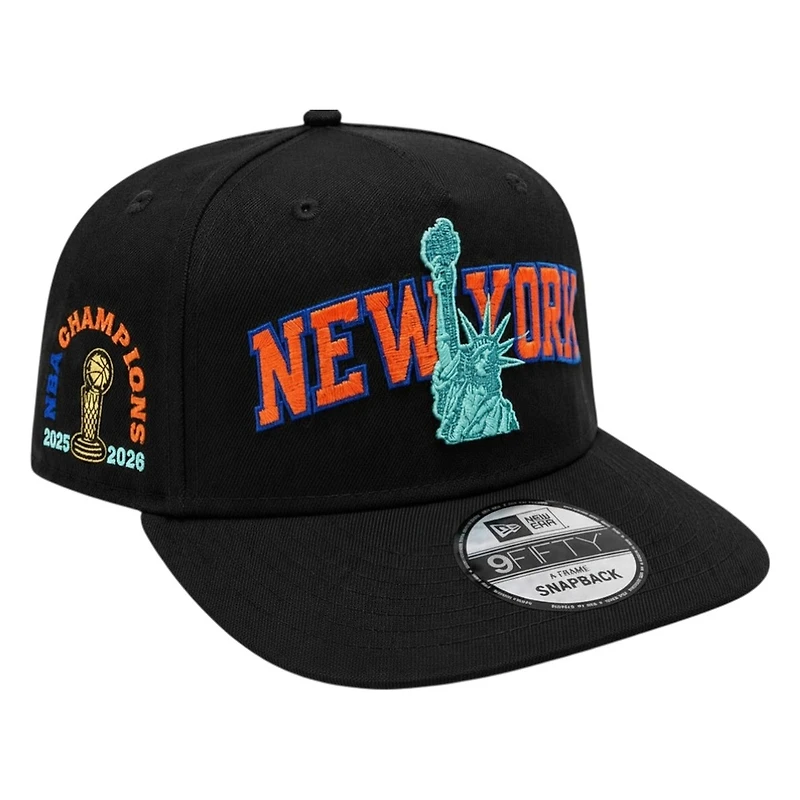 New York Knicks Black Wordmark Logo with Statue of Liberty Champs Patch New Era 9FIFTY A-Frame Snapback Hat
