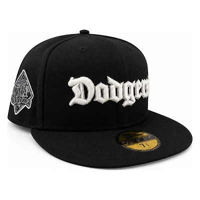 Los Angeles Dodgers Black Old English Wordmark Viva Patch New Era 59FIFTY Fitted Hat
