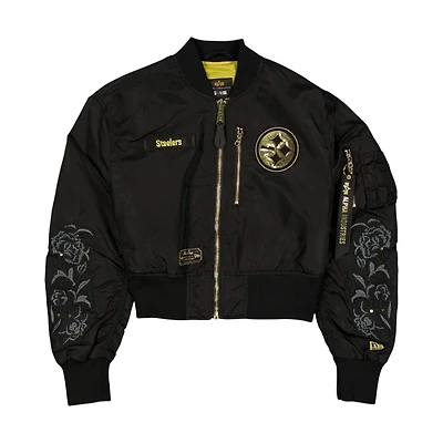 Women's Pittsburgh Steelers Black and Gold Alpha Industries Cropped L-2B Bomber Jacket