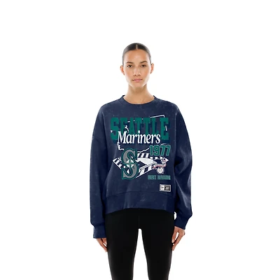 Women's Seattle Mariners Navy Acid Wash Big Logo New Era Crewneck Sweatshirt