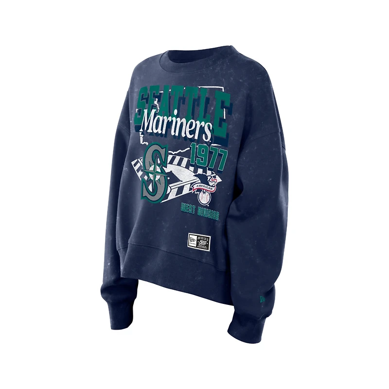 Women's Seattle Mariners Navy Acid Wash Big Logo New Era Crewneck Sweatshirt
