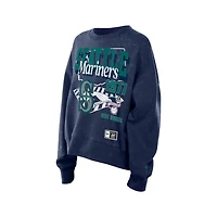 Women's Seattle Mariners Navy Acid Wash Big Logo New Era Crewneck Sweatshirt