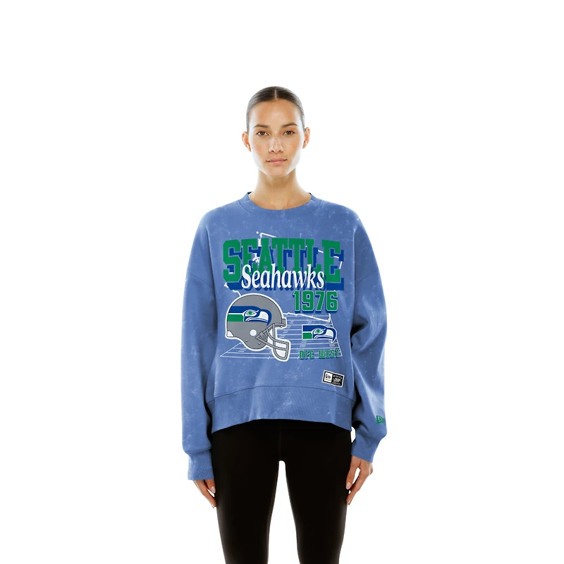 Women's Seattle Seahawks Royal Acid Wash Big Logo New Era Crewneck Sweatshirt