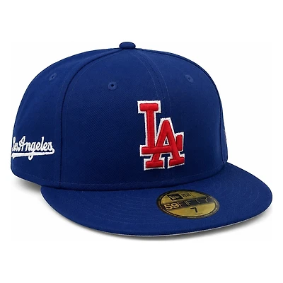 Los Angeles Dodgers Royal Blue Red LA Logo Script Patch Grey UV New Era 59FIFTY Fitted Hat