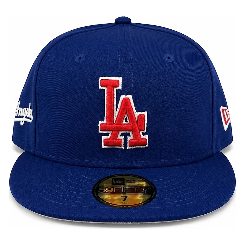 Los Angeles Dodgers Royal Blue Red LA Logo Script Patch Grey UV New Era 59FIFTY Fitted Hat