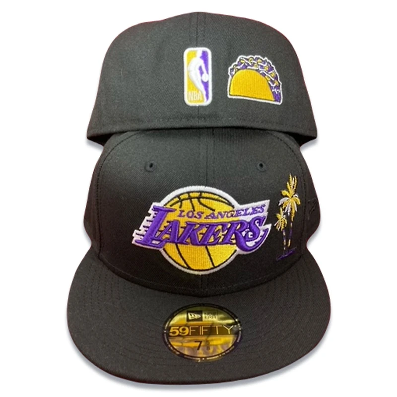 Los Angeles Lakers Black Palm Tree Taco Patches Purple UV New Era 59FIFTY Fitted Hat