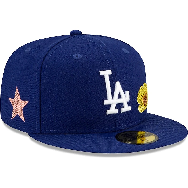 Los Angeles Dodgers Royal Blue Crystal Rhinestone Flower and Star Patches Gray UV 59FIFTY Fitted Hat