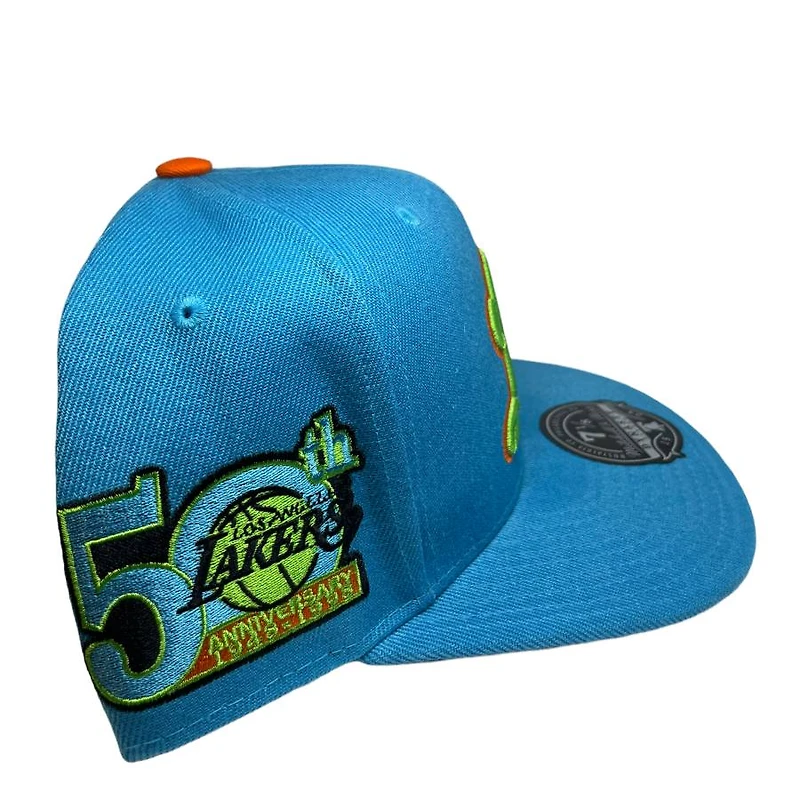 Los Angeles Lakers Blue 50th Anniversary Side Patch Orange UV NBA Mitchell & Ness Fitted Hat
