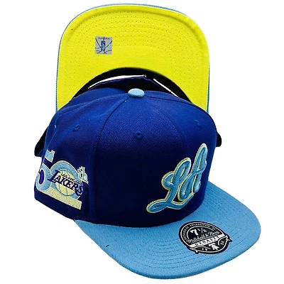 Los Angeles Lakers Blue Footwork Color Brim 50th Anniversary Side Patch Yellow UV Mitchell & Ness Fitted Hat