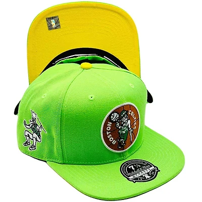 Boston Celtics Neon Green Hyperteam Color Brim Throwback Logo Side Patch Yellow UV Mitchell & Ness Fitted Hat