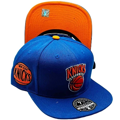 New York Knicks Blue Hyperteam Color Brim Basketball Side Patch Orange UV Mitchell & Ness Fitted Hat