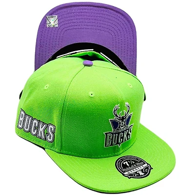 Milwaukee Bucks Neon Green Hyperteam Color Brim Side Patch Purple UV Mitchell & Ness Fitted Hat