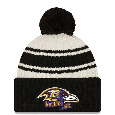 Baltimore Ravens New Era 2022 Cream NFL Sideline Sport Pom Cuffed Knit Beanie Hat