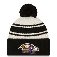 Baltimore Ravens New Era 2022 Cream NFL Sideline Sport Pom Cuffed Knit Beanie Hat