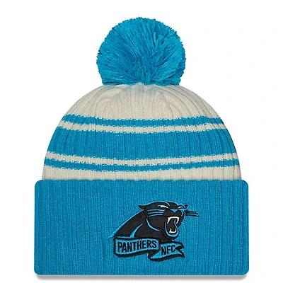 Carolina Panthers New Era 2022 Cream NFL Sideline Sport Pom Cuffed Knit Beanie Hat