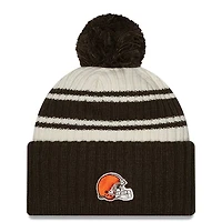 Cleveland Browns New Era 2022 Cream NFL Sideline Sport Pom Cuffed Knit Beanie Hat