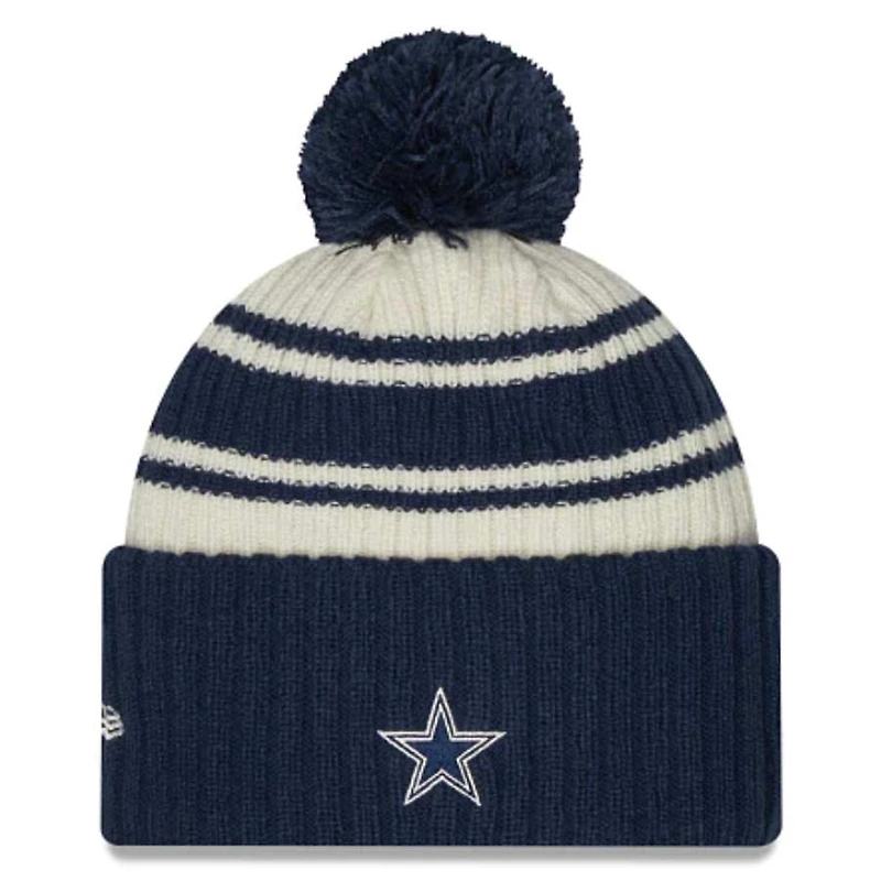 Dallas Cowboys New Era 2022 Cream NFL Sideline Sport Pom Cuffed Knit Beanie Hat