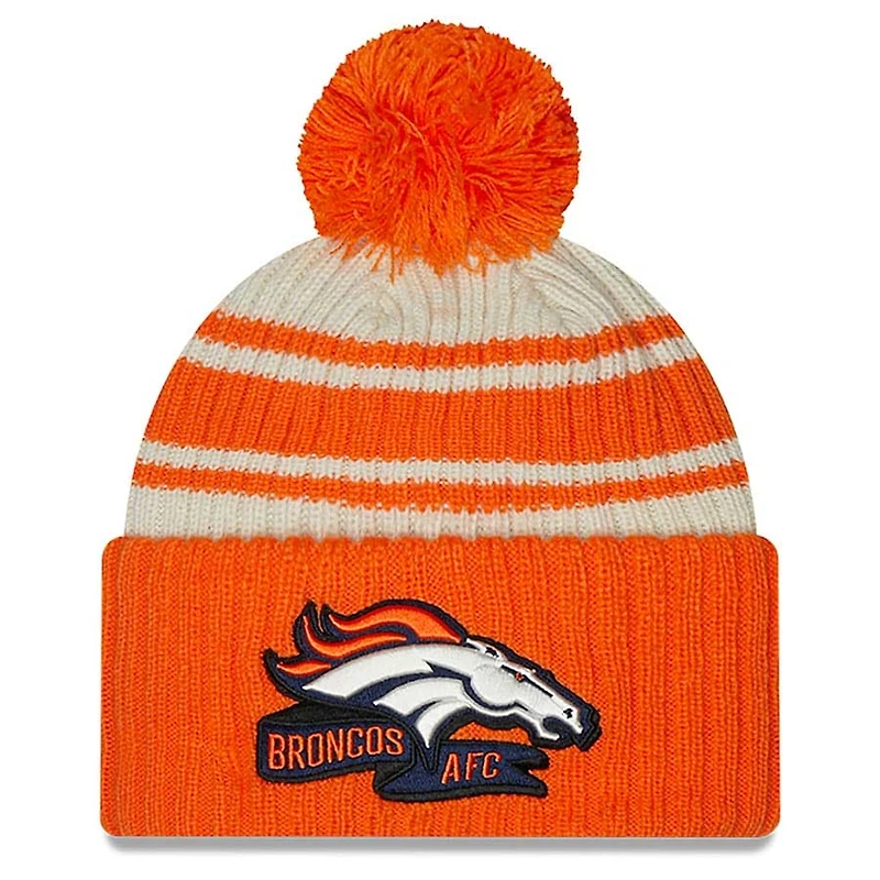 Denver Broncos New Era 2022 Cream NFL Sideline Sport Pom Cuffed Knit Beanie Hat
