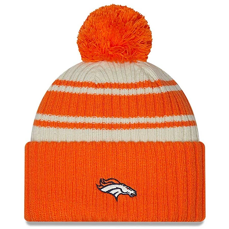 Denver Broncos New Era 2022 Cream NFL Sideline Sport Pom Cuffed Knit Beanie Hat