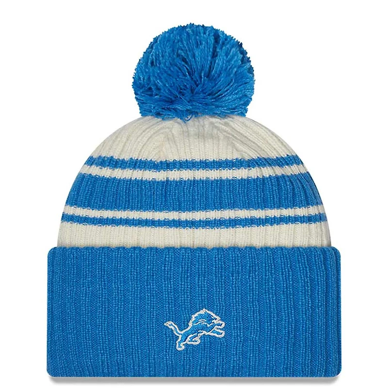 Detroit Lions New Era 2022 Cream NFL Sideline Sport Pom Cuffed Knit Beanie Hat