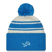 Detroit Lions New Era 2022 Cream NFL Sideline Sport Pom Cuffed Knit Beanie Hat
