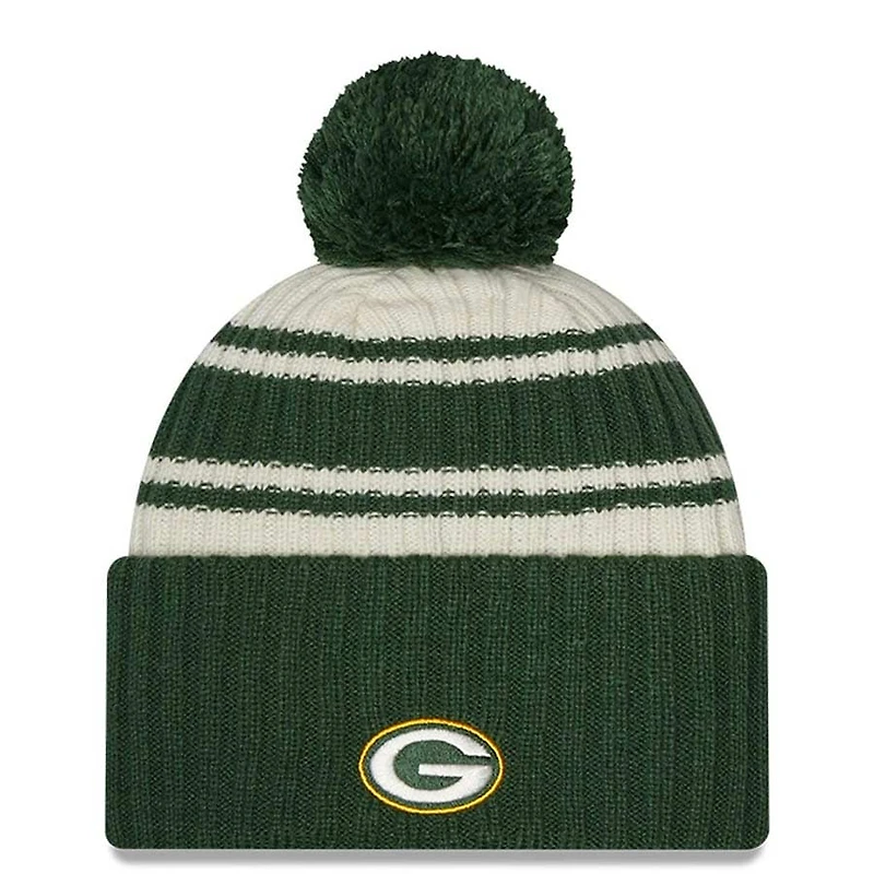 Green Bay Packers New Era 2022 Cream NFL Sideline Sport Pom Cuffed Knit Beanie Hat