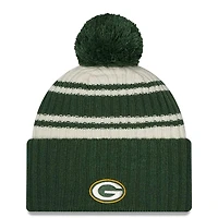 Green Bay Packers New Era 2022 Cream NFL Sideline Sport Pom Cuffed Knit Beanie Hat
