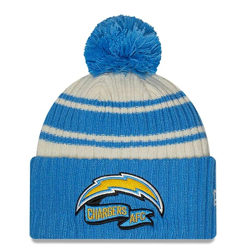 Los Angeles Chargers New Era 2022 Cream NFL Sideline Sport Pom Cuffed Knit Beanie Hat