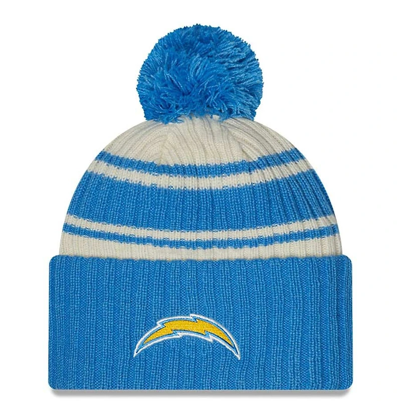 Los Angeles Chargers New Era 2022 Cream NFL Sideline Sport Pom Cuffed Knit Beanie Hat