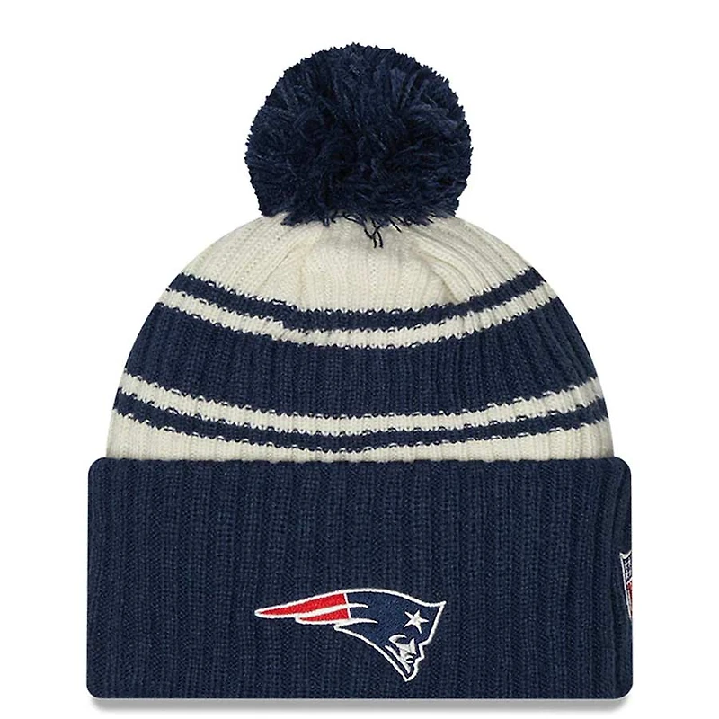 New England Patriots New Era 2022 Cream NFL Sideline Sport Pom Cuffed Knit Beanie Hat