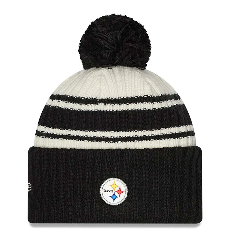 Pittsburgh Steelers New Era 2022 Cream NFL Sideline Sport Pom Cuffed Knit Beanie Hat