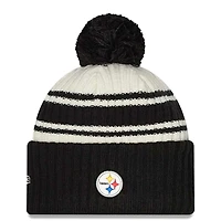 Pittsburgh Steelers New Era 2022 Cream NFL Sideline Sport Pom Cuffed Knit Beanie Hat