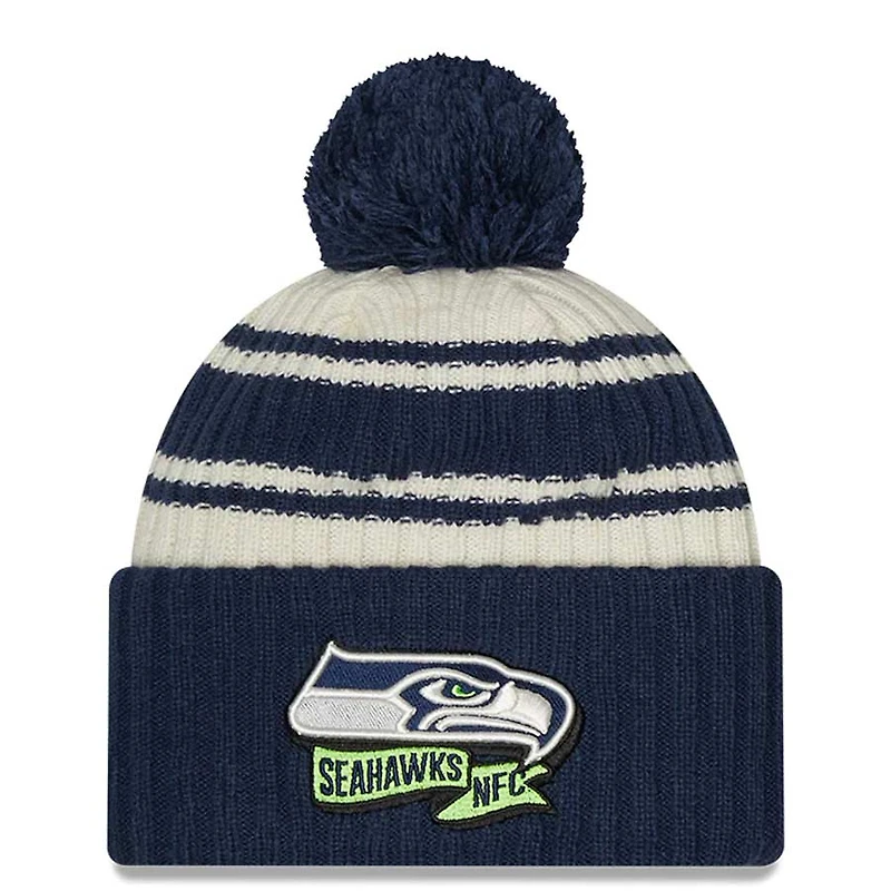 Seattle Seahawks New Era 2022 Cream NFL Sideline Sport Pom Cuffed Knit Beanie Hat