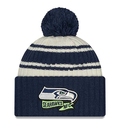 Seattle Seahawks New Era 2022 Cream NFL Sideline Sport Pom Cuffed Knit Beanie Hat