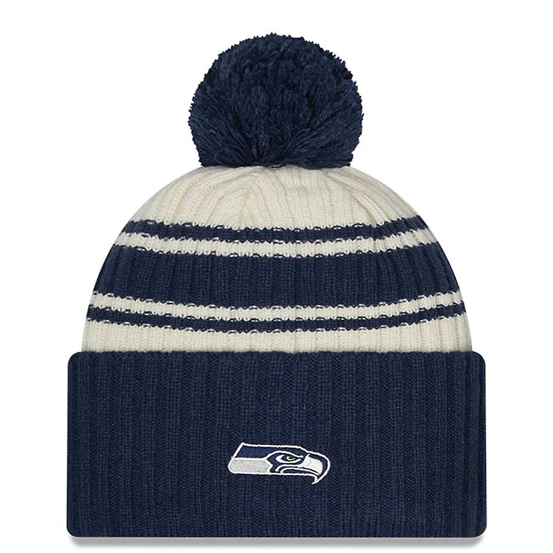 Seattle Seahawks New Era 2022 Cream NFL Sideline Sport Pom Cuffed Knit Beanie Hat