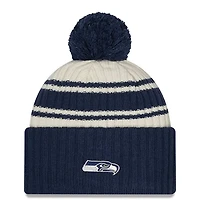 Seattle Seahawks New Era 2022 Cream NFL Sideline Sport Pom Cuffed Knit Beanie Hat
