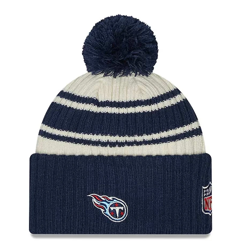 Tennessee Titans New Era 2022 Cream NFL Sideline Sport Pom Cuffed Knit Beanie Hat