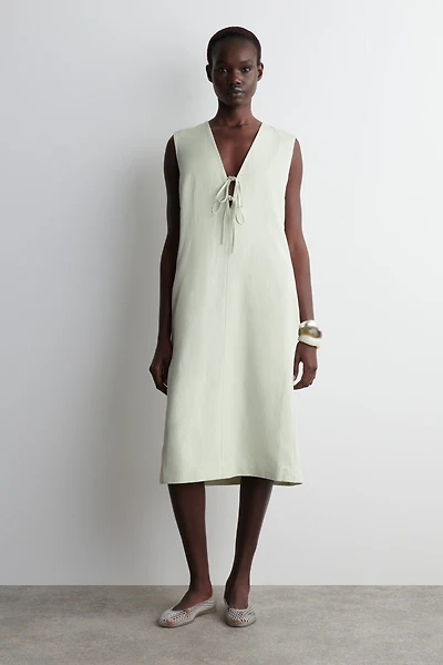 knee length dresses for ladies Cleo Linen Tie Waist Dress-Chambray Embroidery