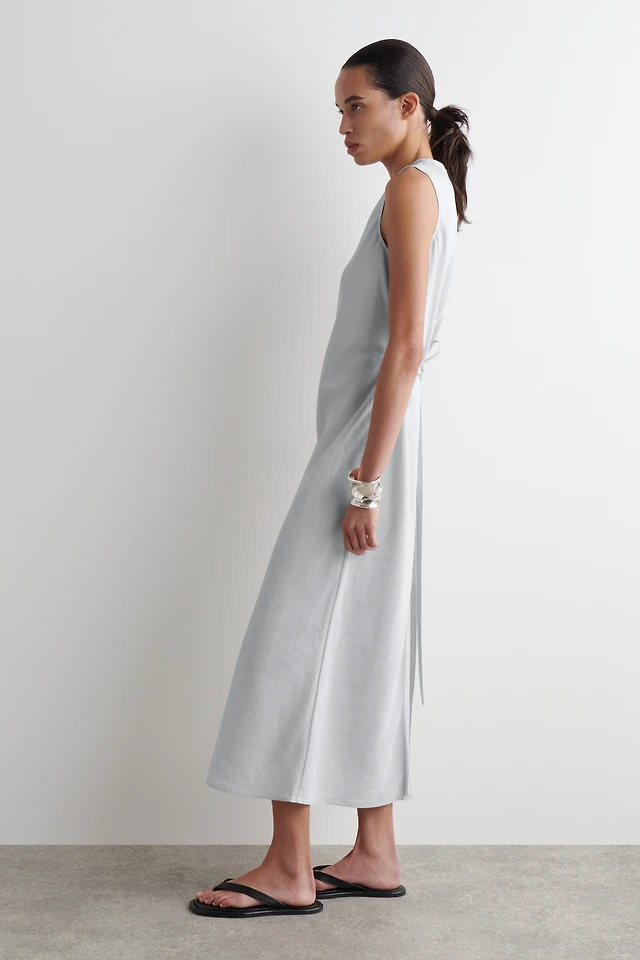 chinese dress ladies LINEN BLEND SLEEVELESS BIAS CUT MIDI DRESS